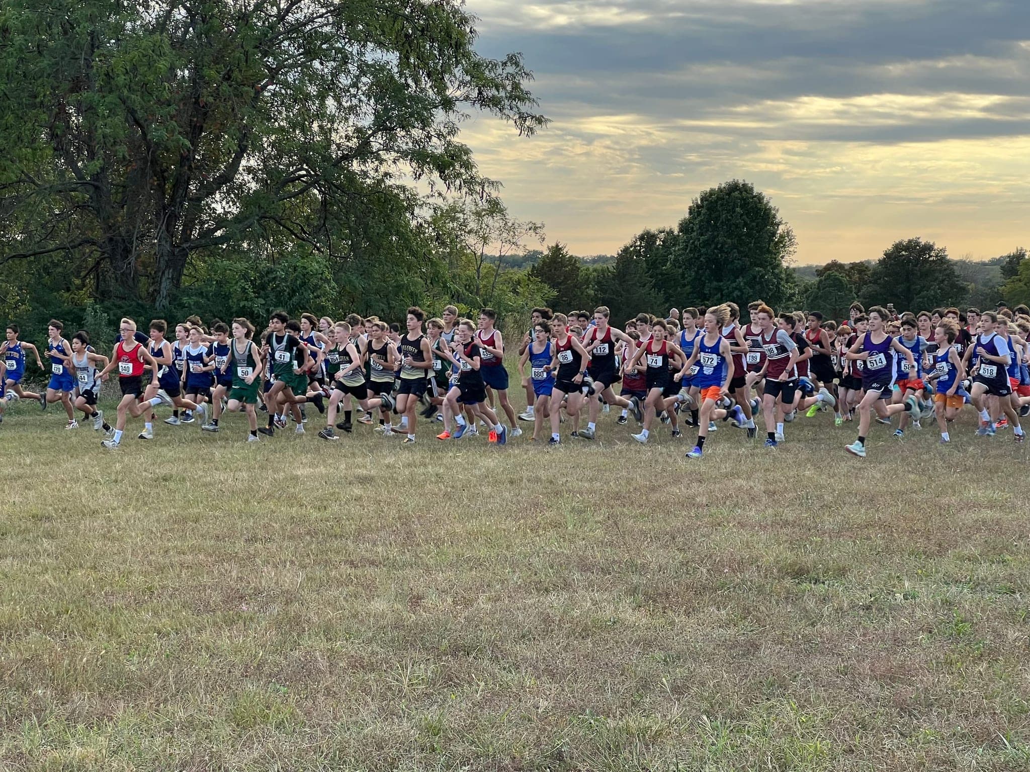 Young runners taking off at the start of a cross country race